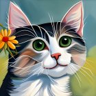 Stylized cat with yellow eyes, white & grey fur, black stripes, autumn leaves background