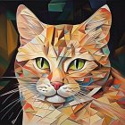 Illustrated orange tabby cat with yellow eyes in green foliage.