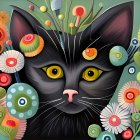 Vivid digital art: Cat with green eyes and colorful flowers