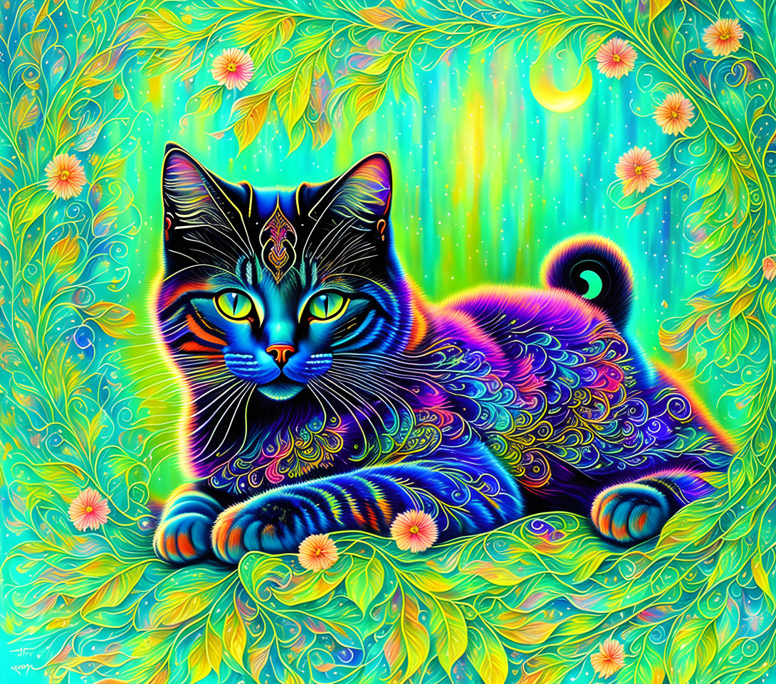 Colorful Psychedelic Cat Illustration with Floral Elements and Moon