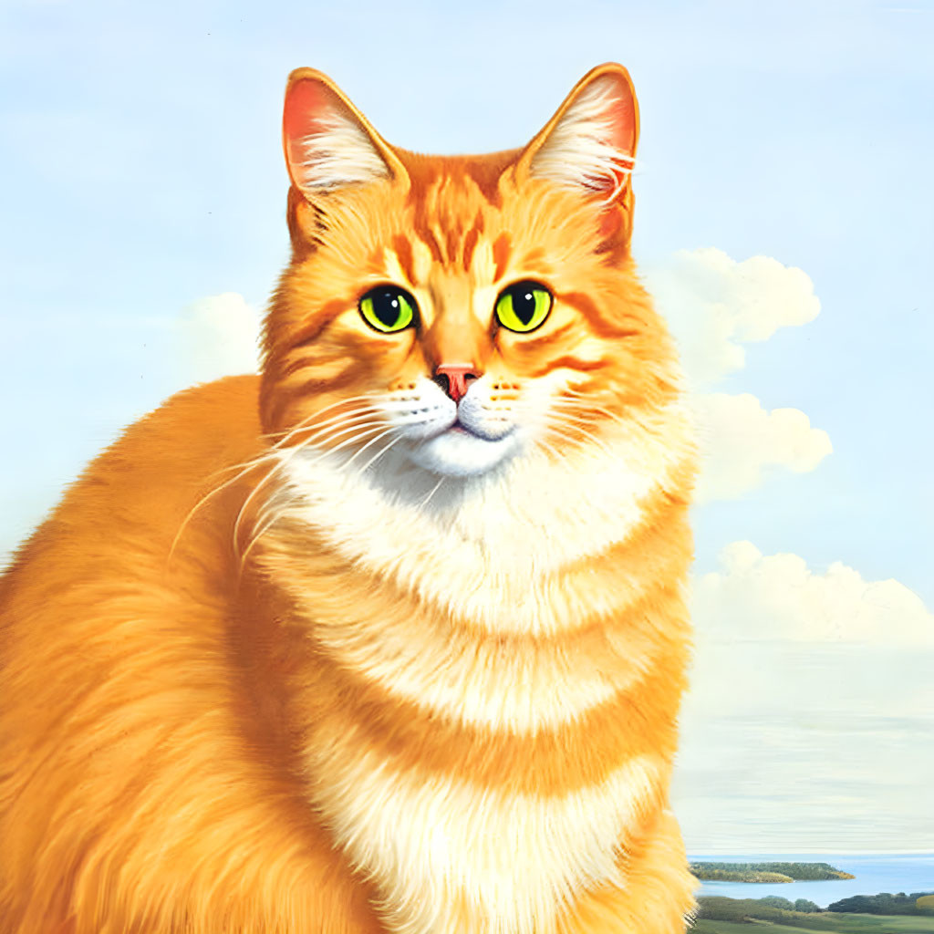 Illustrated orange tabby cat with green eyes in a blue sky landscape