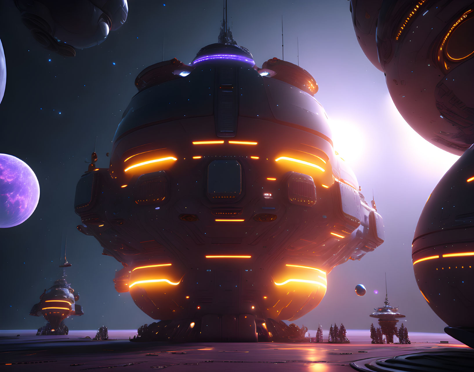 Large spherical spaceships illuminated by orange lights in futuristic scene above purple platform.