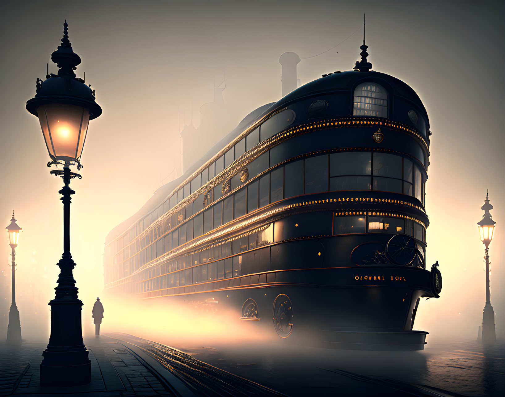 Retro-futuristic train with glowing lights on foggy tracks at dusk