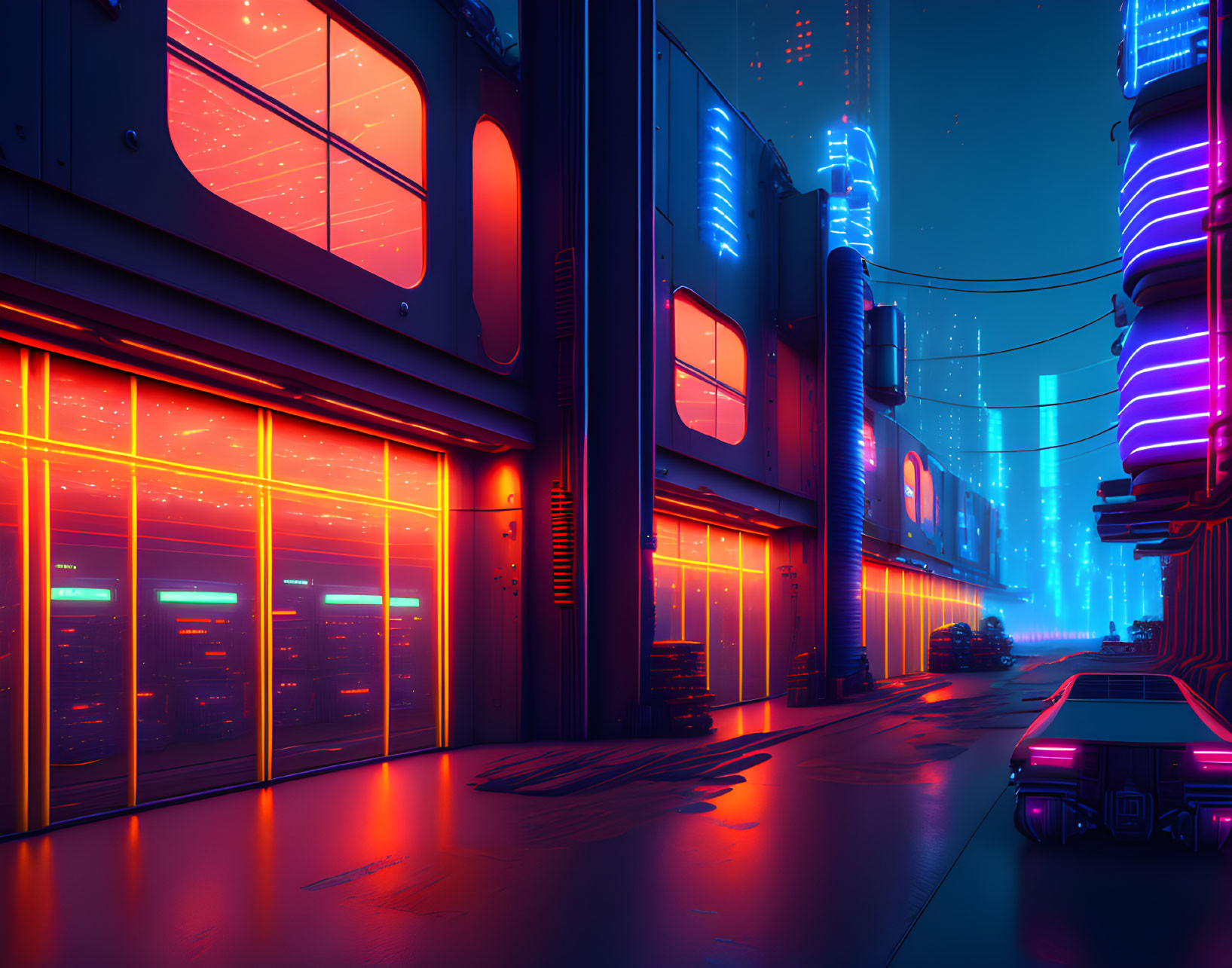 Futuristic neon-lit cityscape with high-rise buildings at night