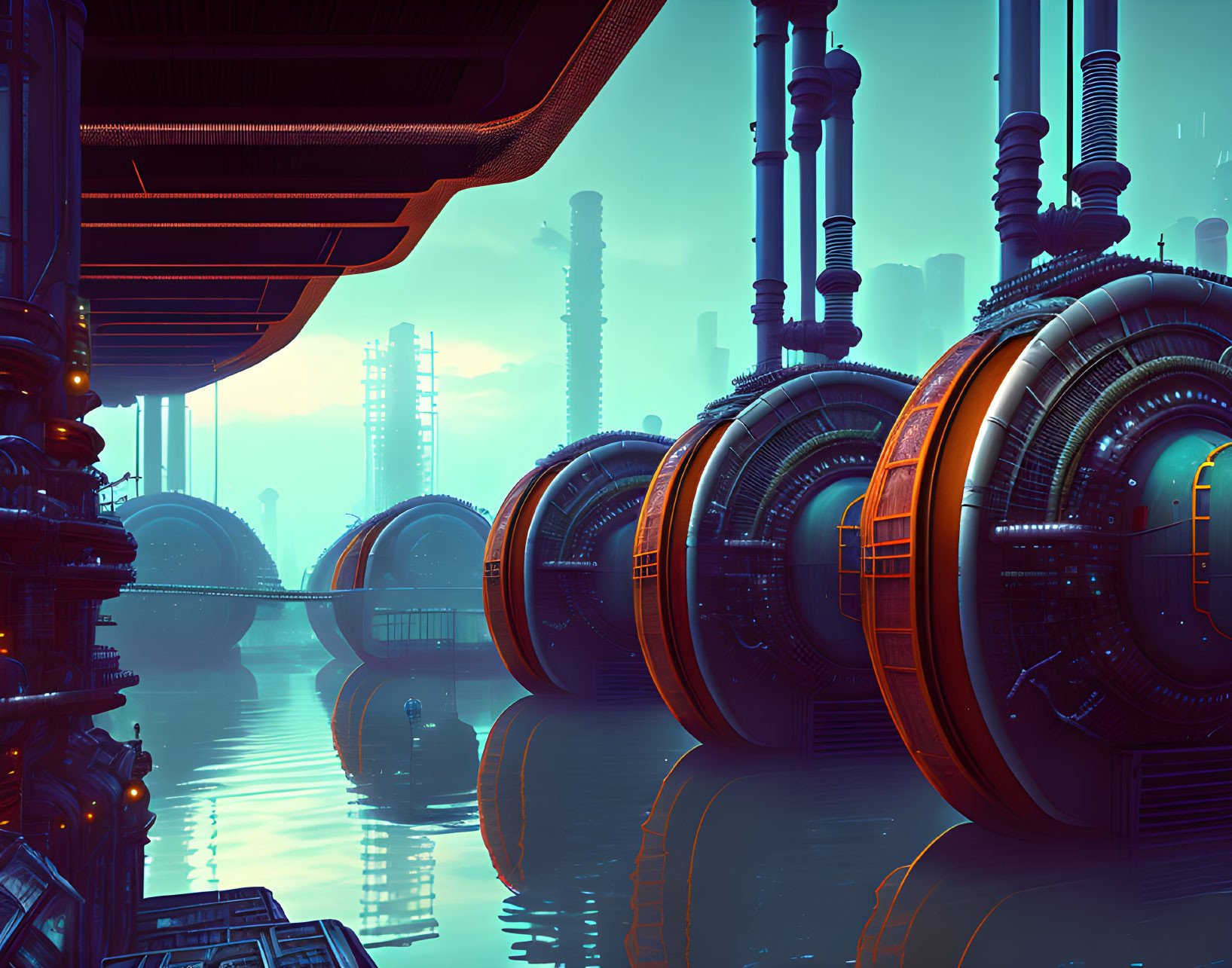 Futuristic industrial cityscape with cylindrical structures and reflective water surface