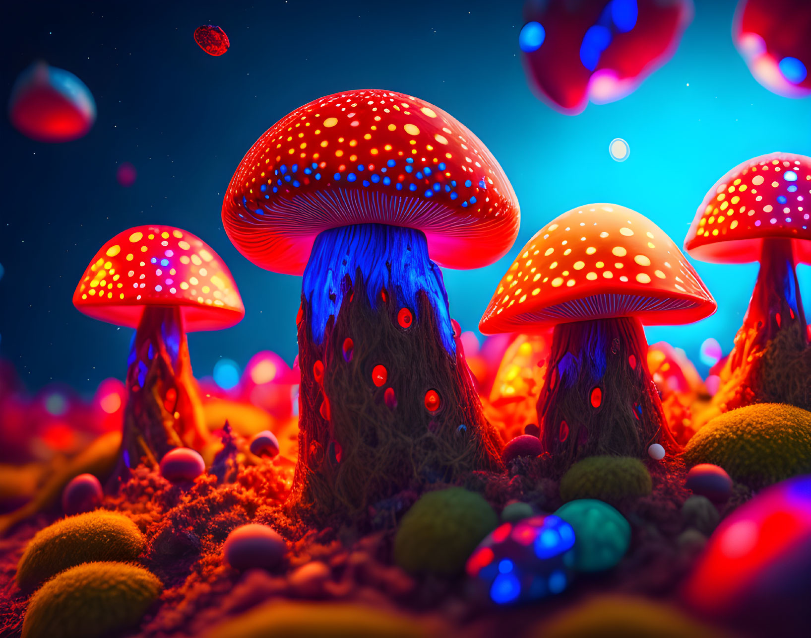 Bioluminescent red-topped mushrooms in fantasy setting