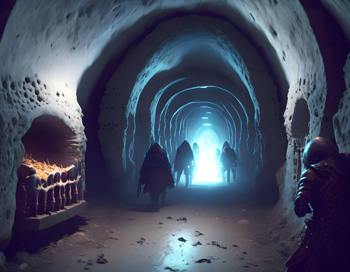 Exploration of luminous ice tunnel with futuristic figures and mysterious structures.