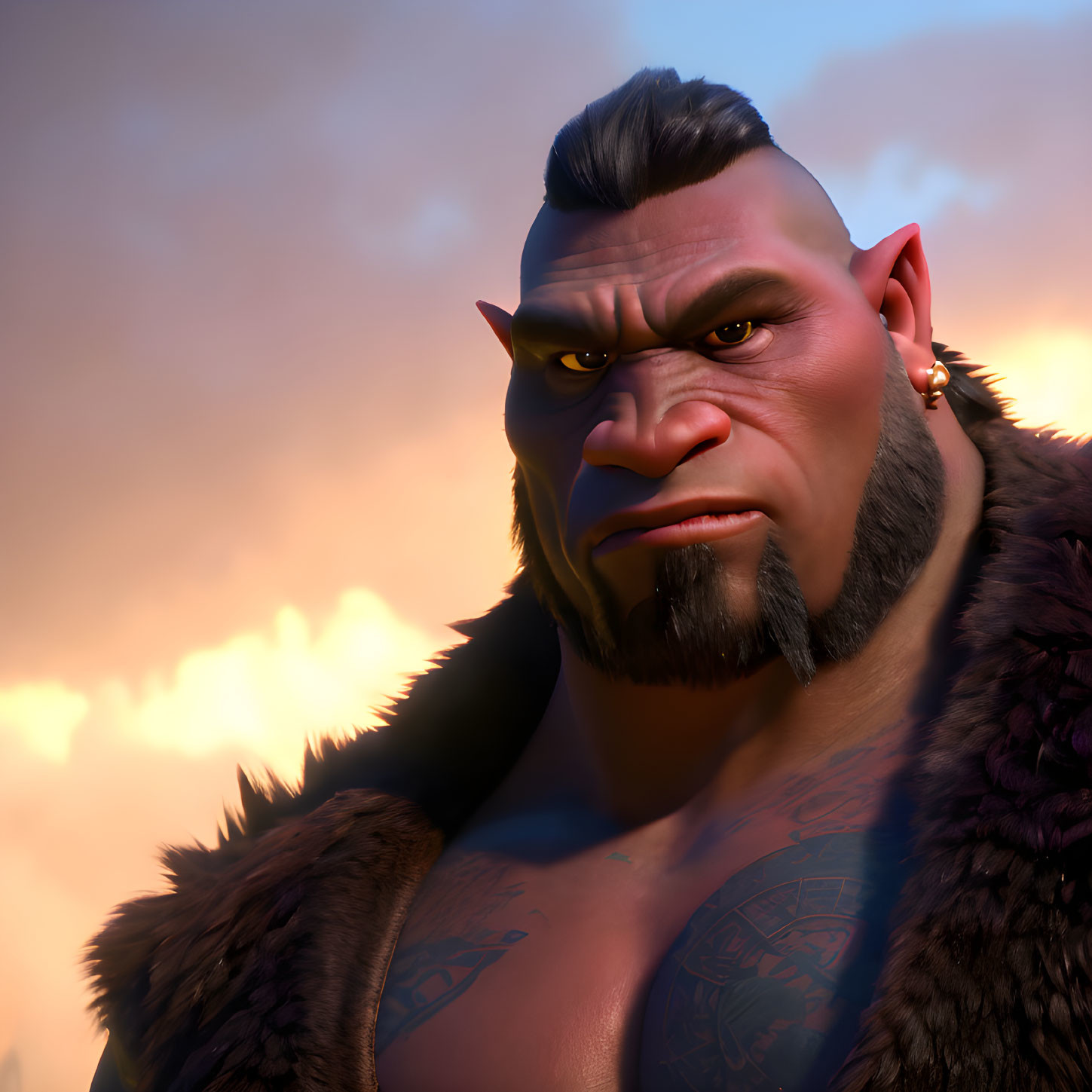 Animated character with mohawk, earrings, and tribal tattoos at sunset