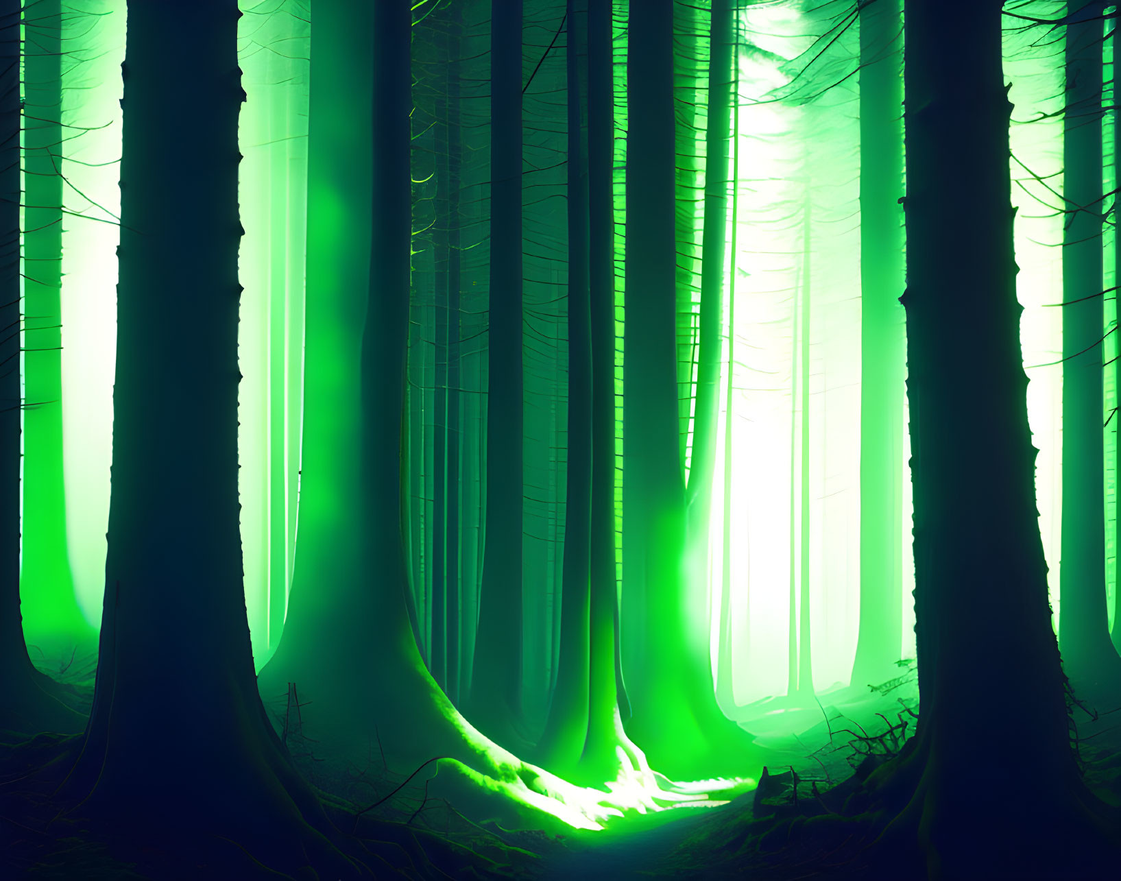 Mystical Green Forest with Towering Trees and Ethereal Light