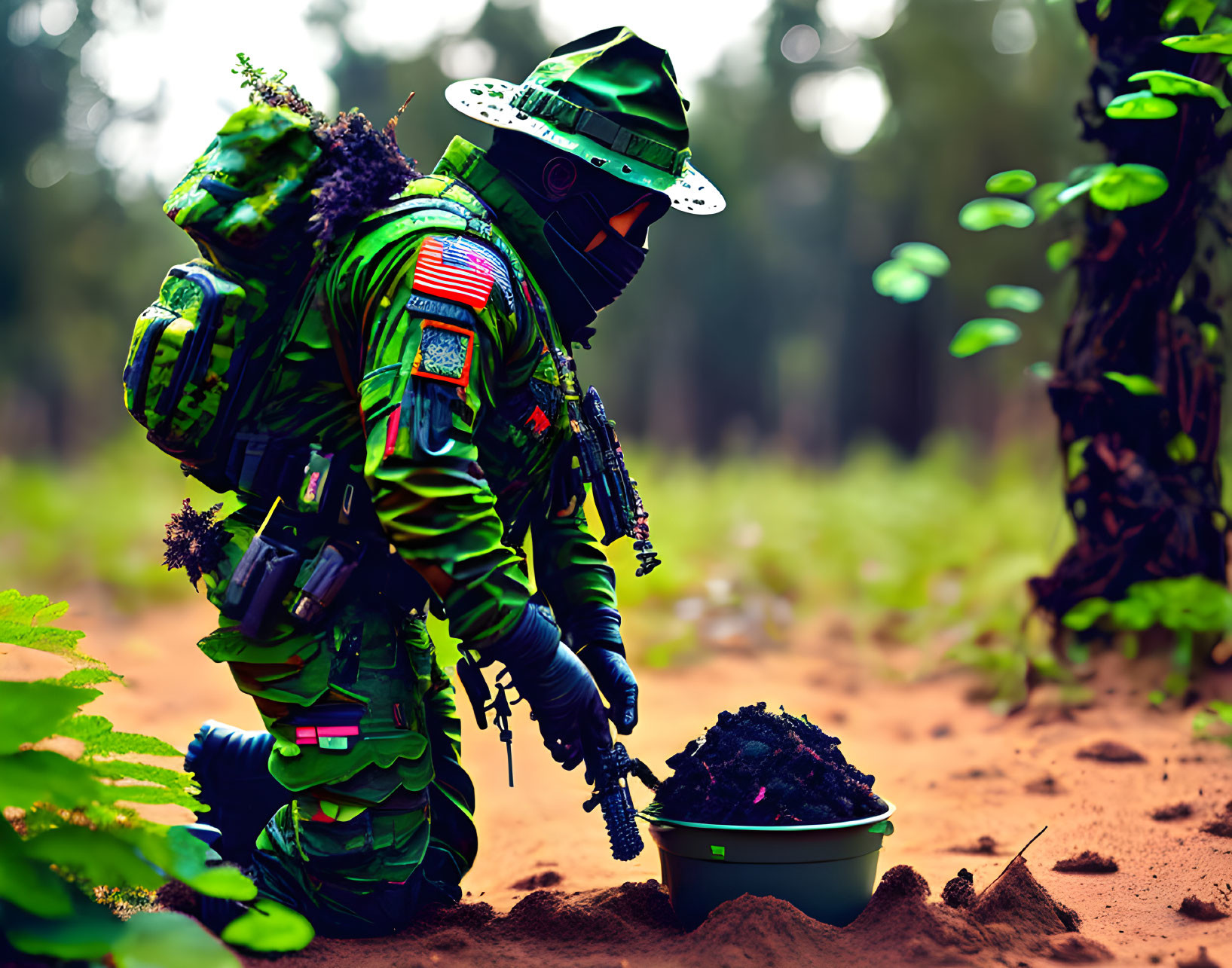 Camouflaged soldier with patches examines soil in forest with tactical gear