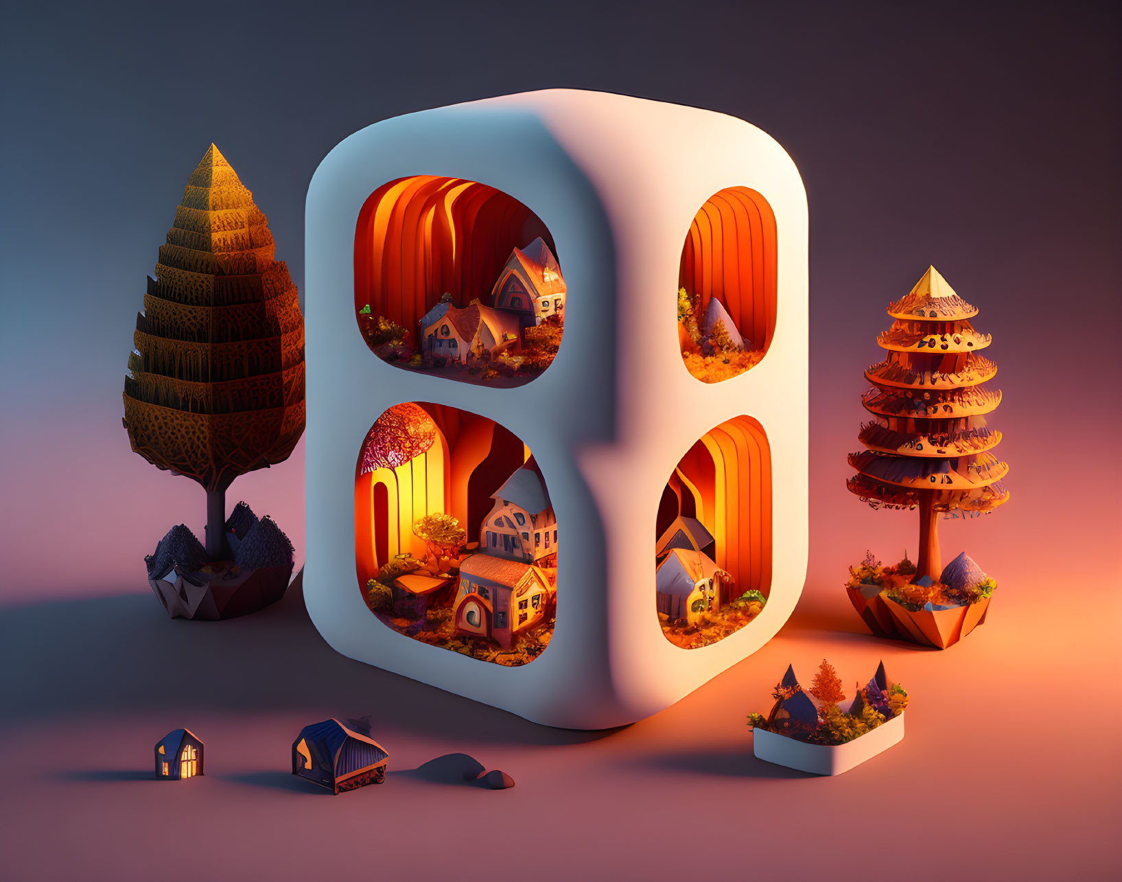 Whimsical 3D Artwork of Cube Structure with Miniature Fantasy Houses and Trees