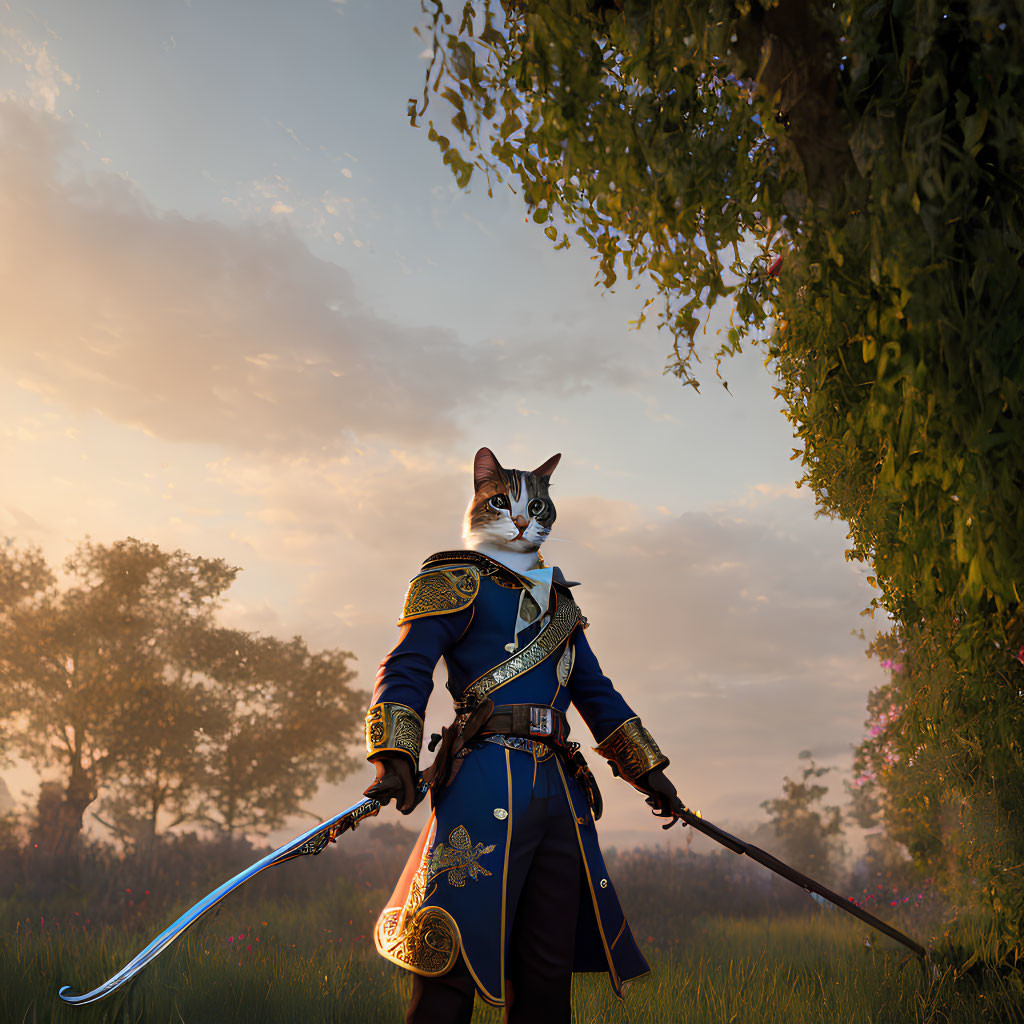 Anthropomorphic Cat in Blue Military Jacket with Sword at Sunset