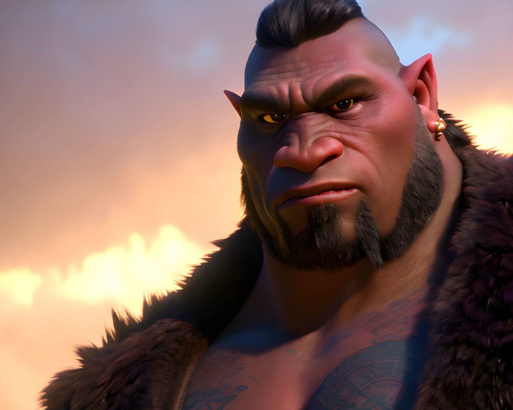 Animated character with mohawk, earrings, and tribal tattoos at sunset