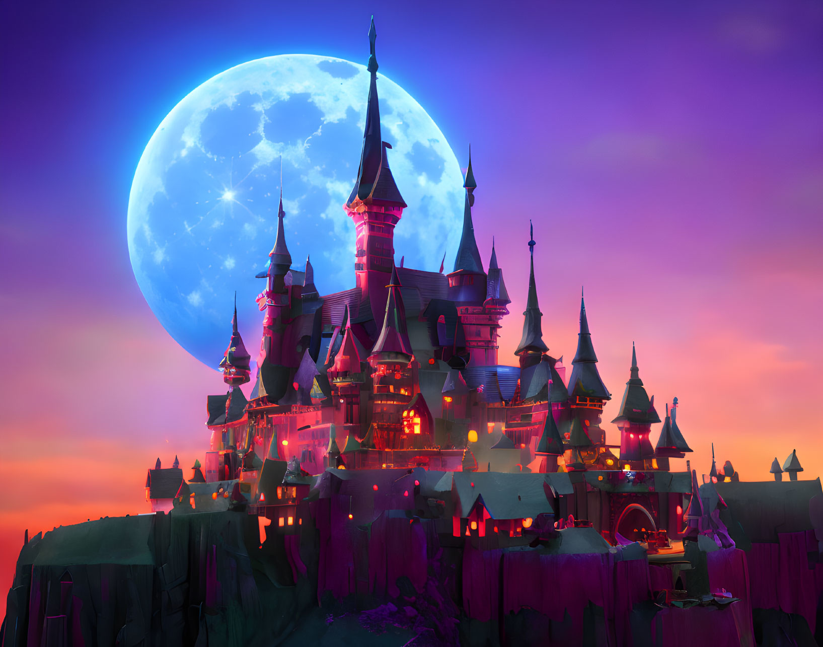 Castle with multiple spires under full moon in purple and pink twilight sky