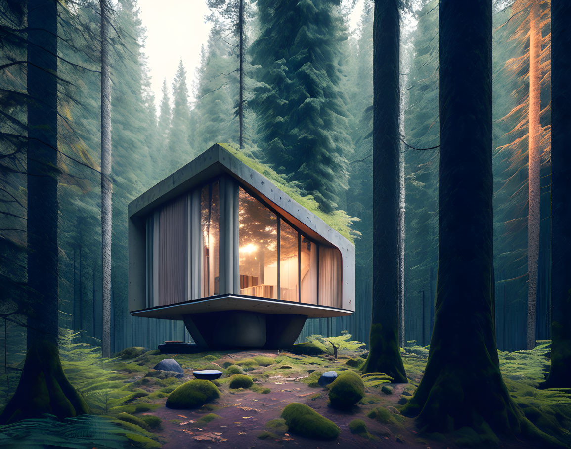 Modern cabin with large glass windows in misty forest with sunlight streaming through trees