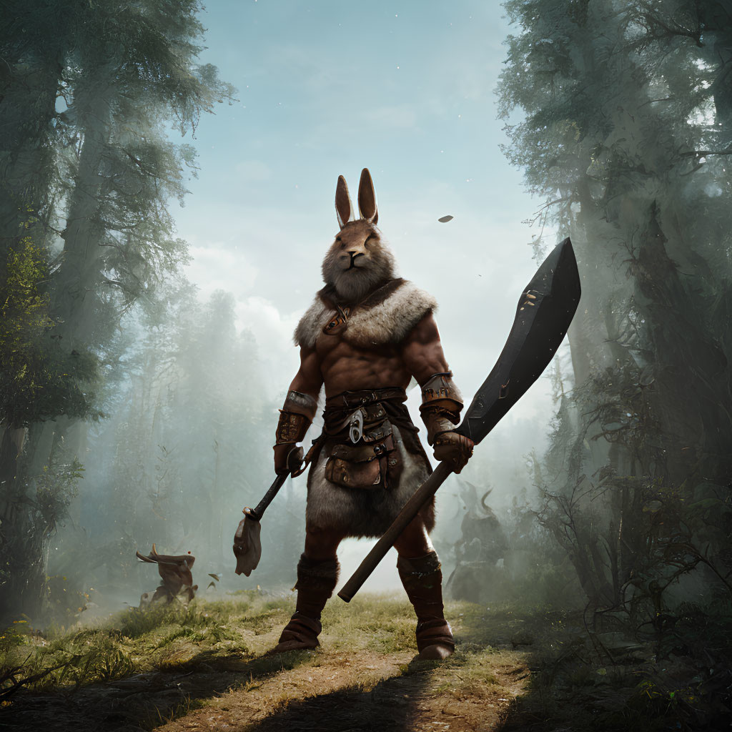 Anthropomorphic rabbit warrior in tribal armor with large sword in forest