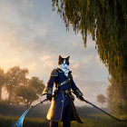 Anthropomorphic Cat in Blue Military Jacket with Sword at Sunset