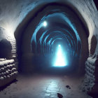 Exploration of luminous ice tunnel with futuristic figures and mysterious structures.