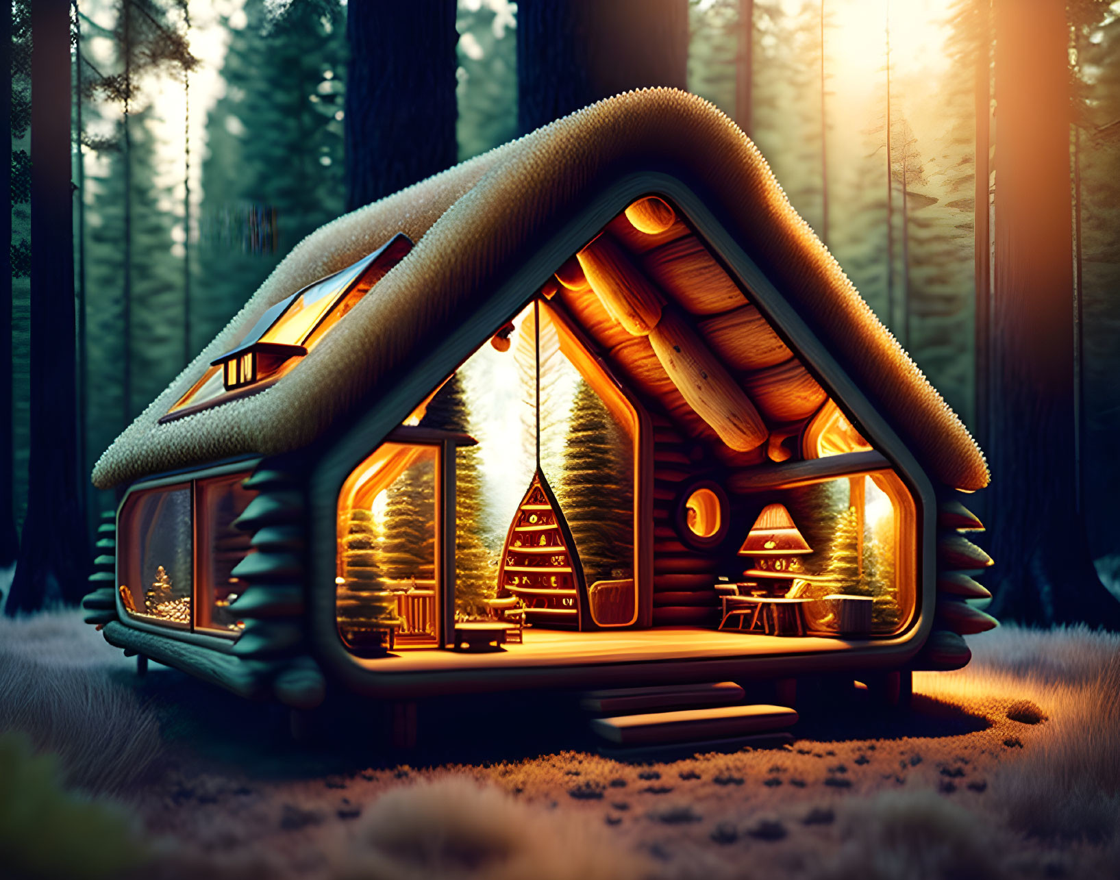 Cozy A-Frame Cabin in Dense Forest Twilight