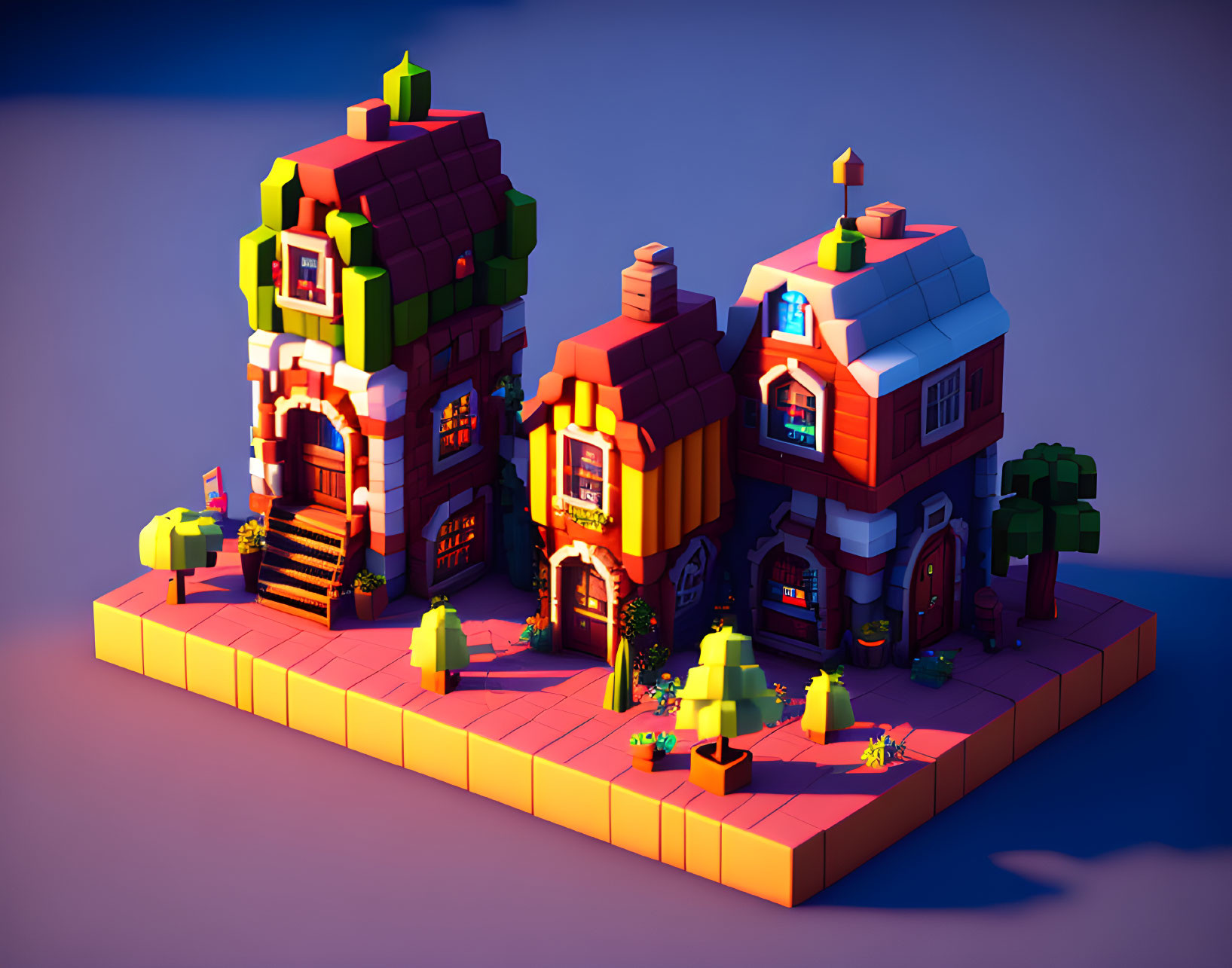 Vibrant 3D render: whimsical houses on platform with trees