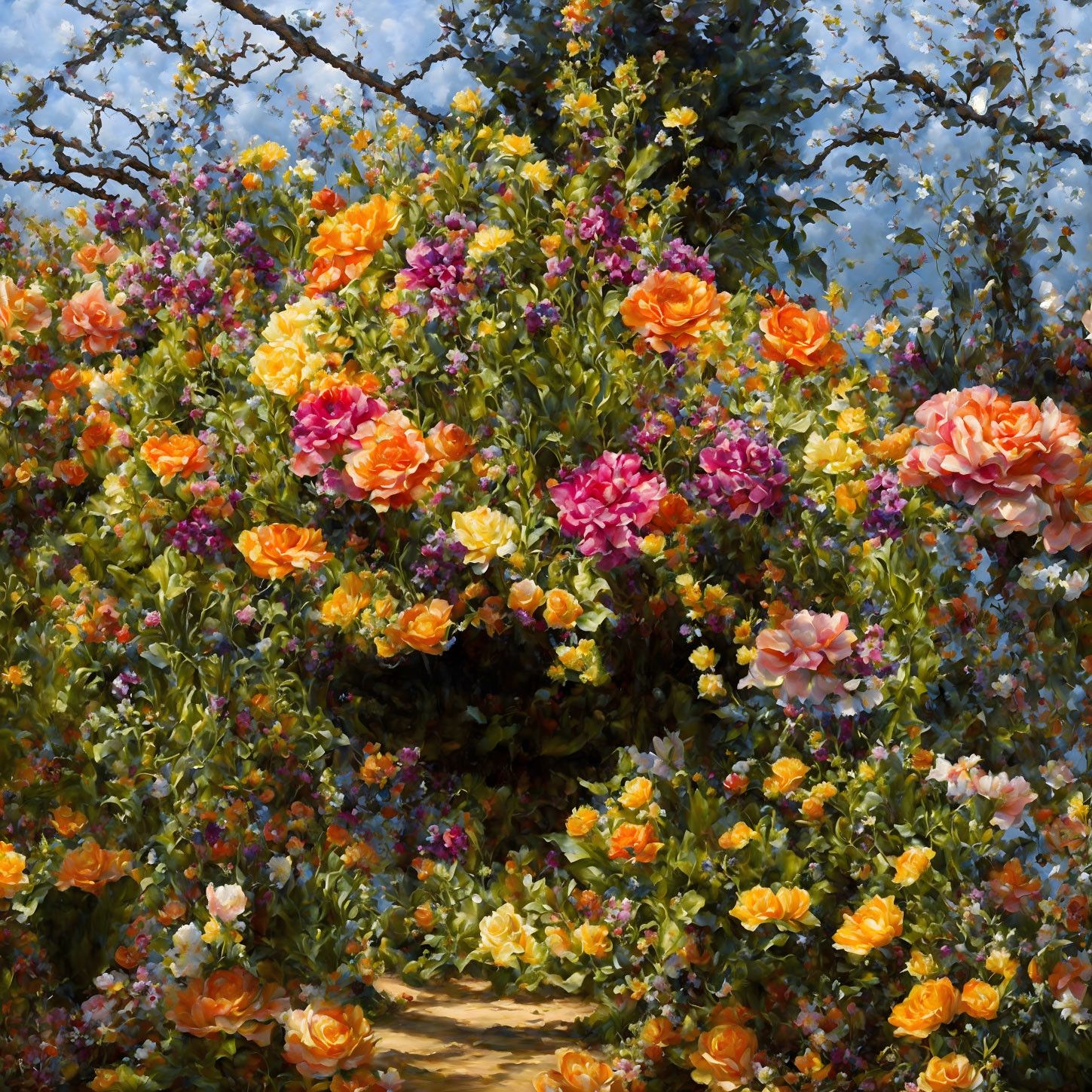 Colorful Flower Garden Painting with Meandering Pathway