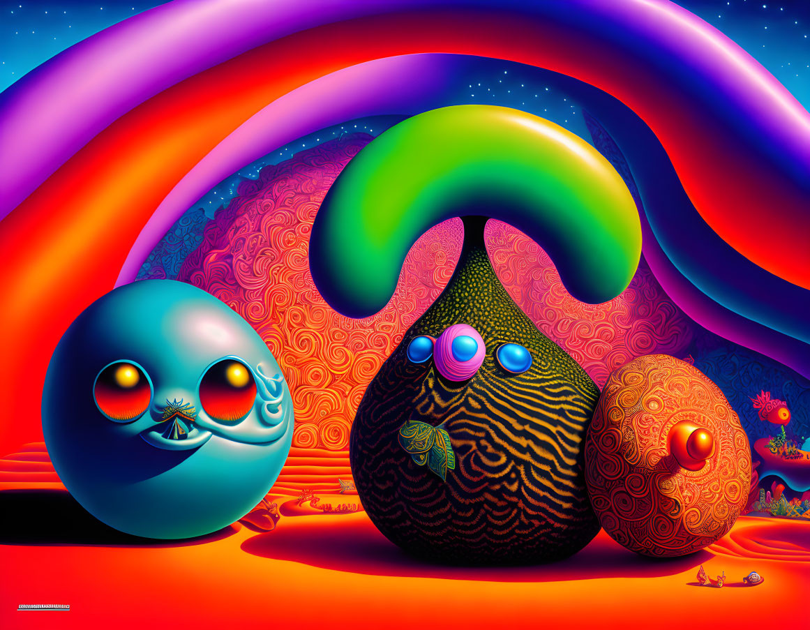 Colorful psychedelic artwork featuring a smiling blue sphere, ornate pear-shaped object, and textured ball on