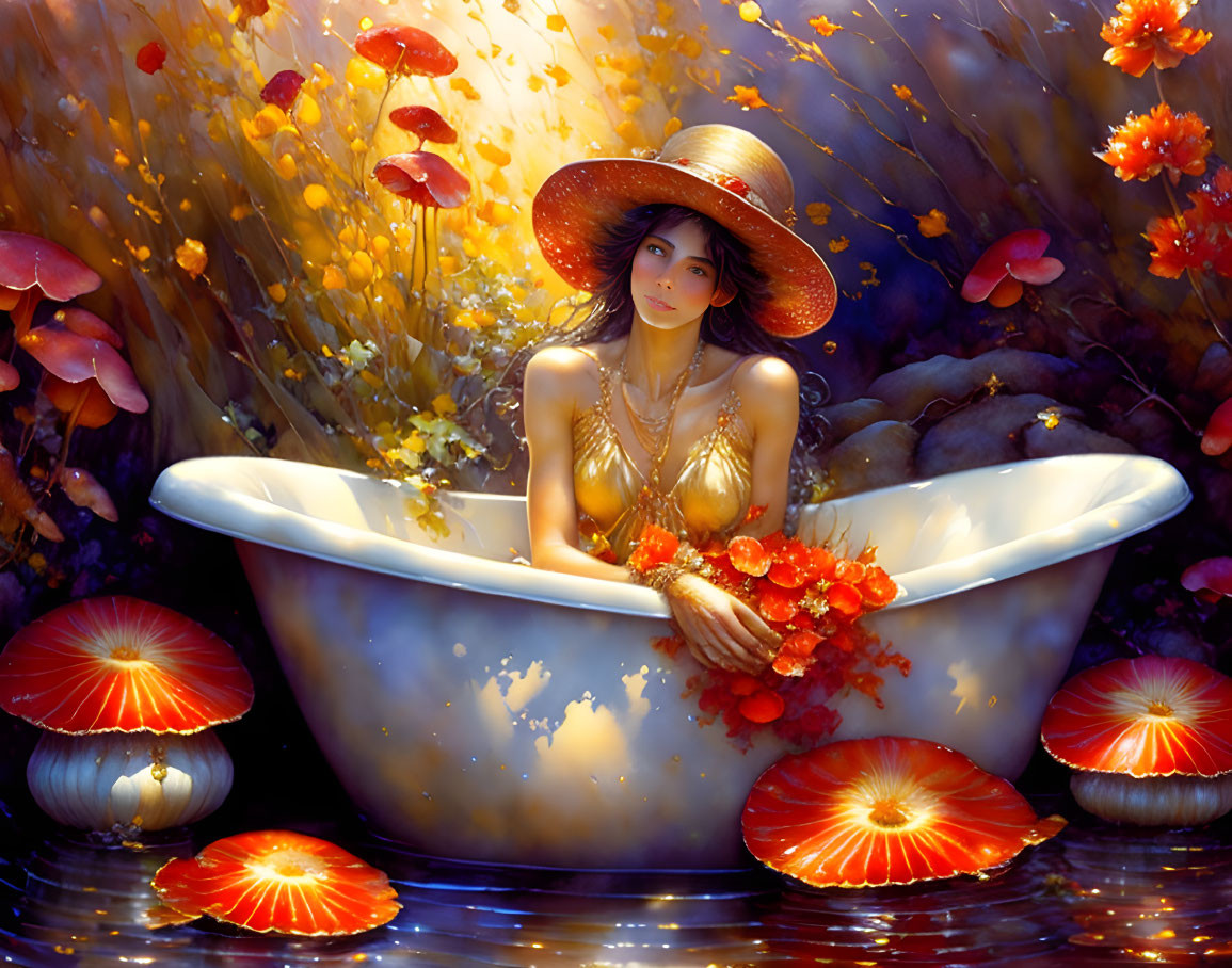 Woman Relaxing in Bathtub Surrounded by Red Mushrooms and Orange Flowers