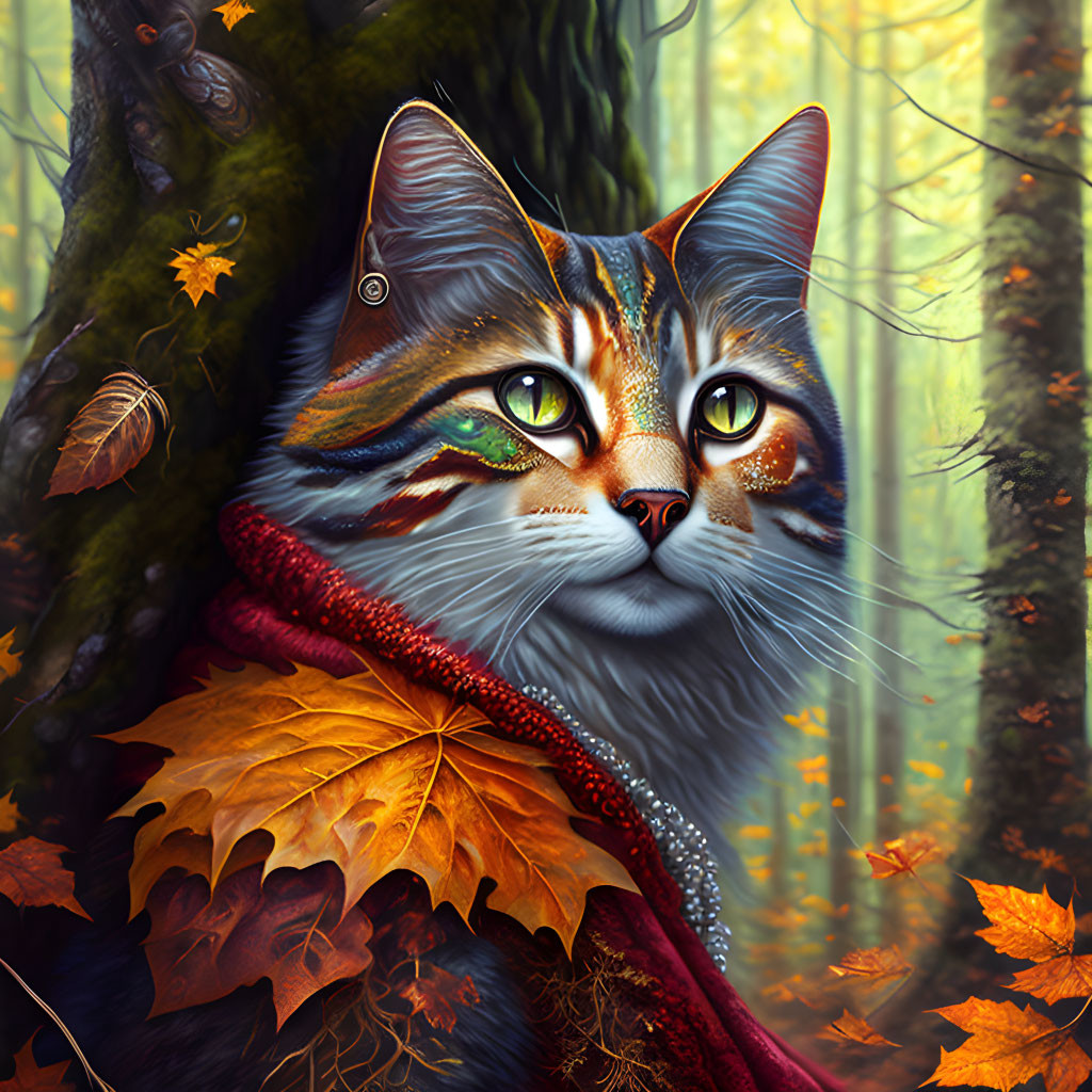 Detailed digital art of a cat with vibrant fur in autumn setting