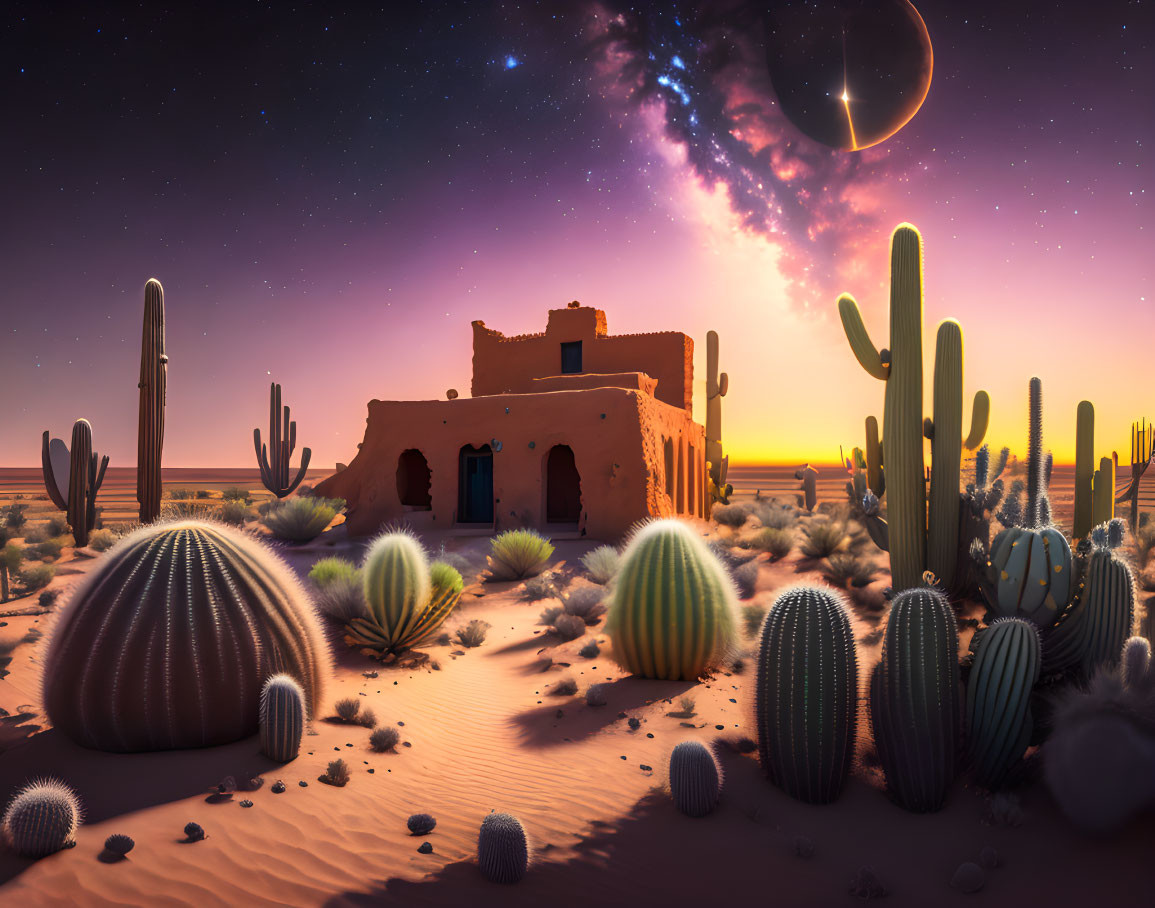 Desert adobe house with cacti under twilight sky, crescent moon, shooting star