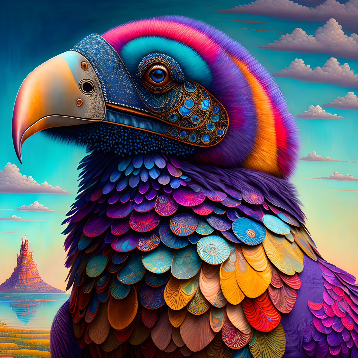 Colorful Stylized Bird Artwork with Mountain Landscape