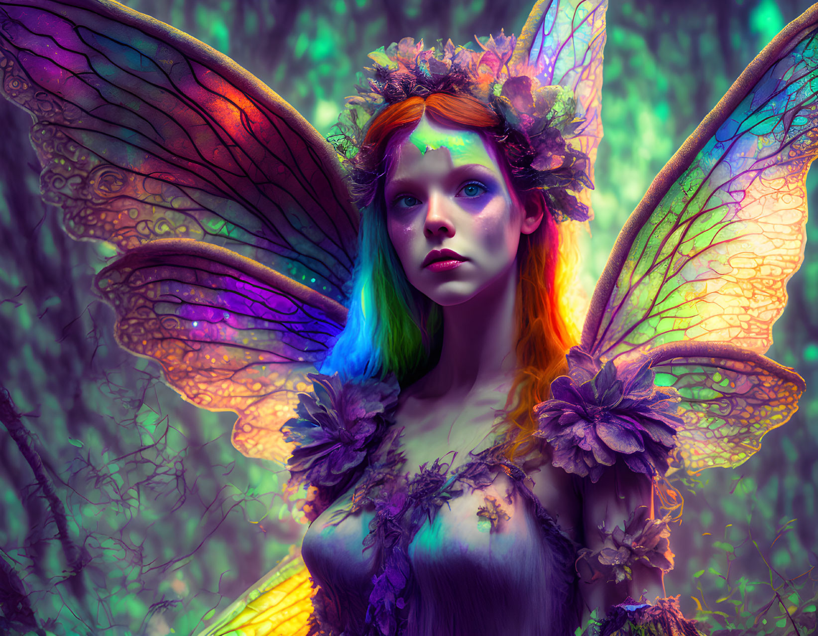 Colorful Winged Fairy with Red Hair in Magical Forest Setting