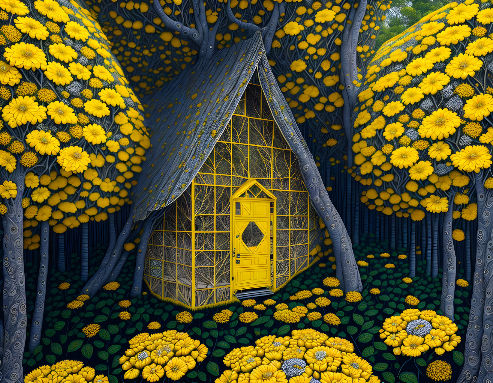 Illustration of Yellow Door in Patterned Tree Trunk and Floral Surroundings