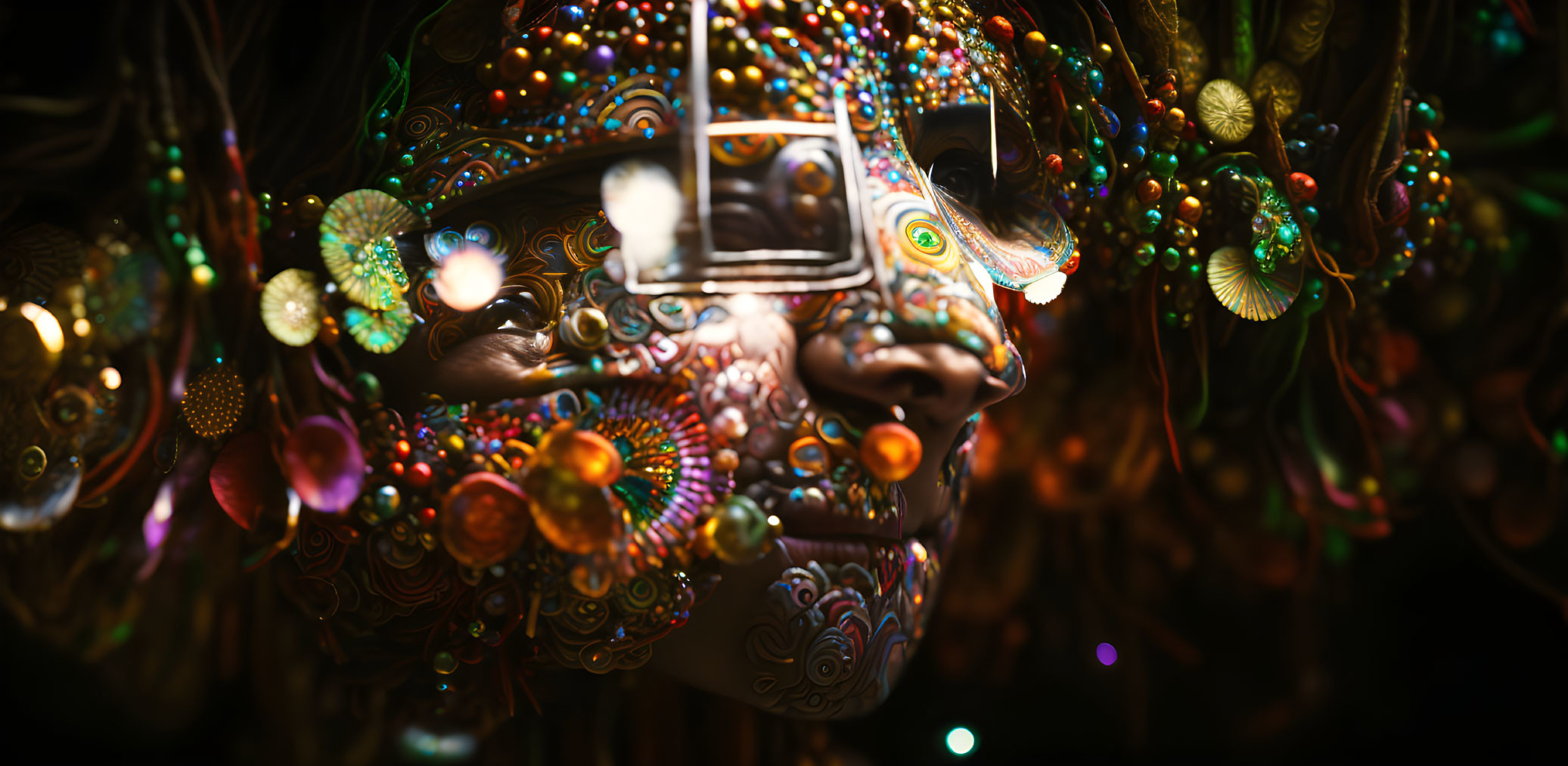 Colorful ornate mask with intricate designs and shimmering beads on dark background