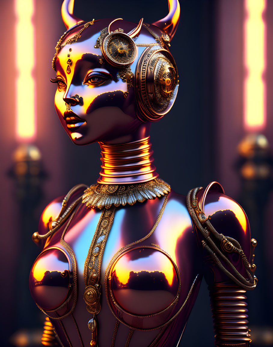 Futuristic female android with golden accents and gear-like headpiece in neon-lit setting