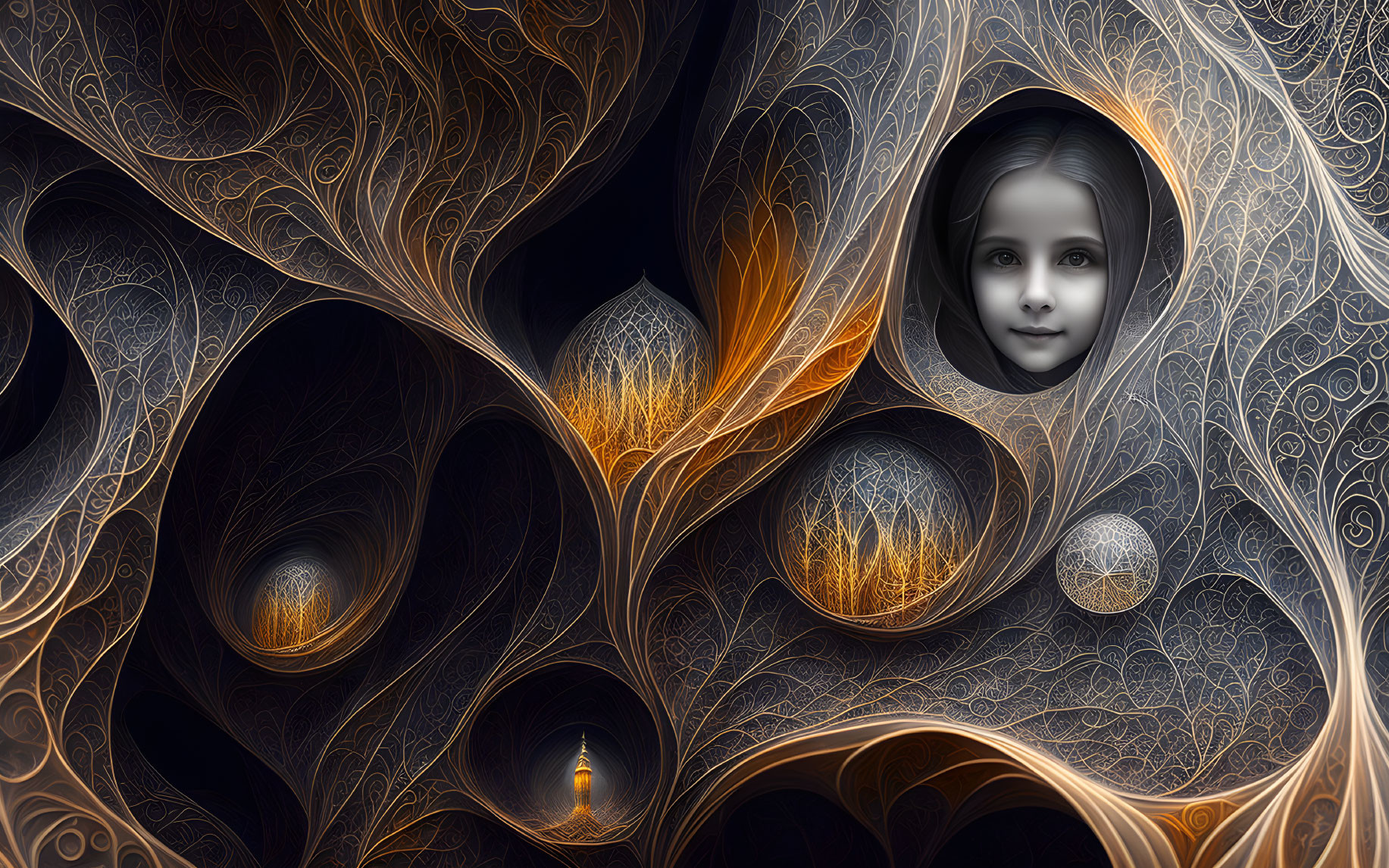 Surreal digital artwork: ornate gold and black fractal landscape with ethereal child's face