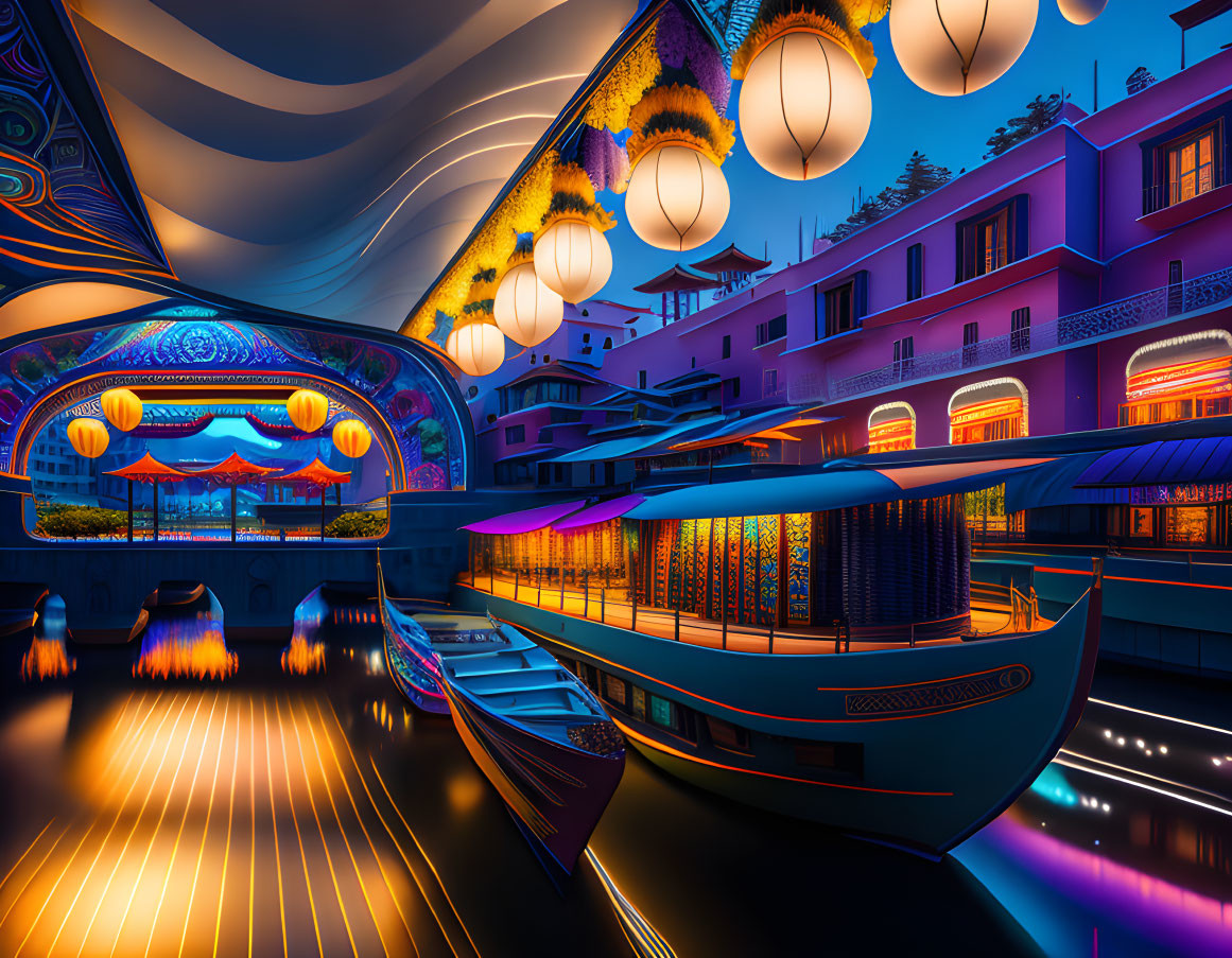 Colorful traditional boats and buildings in illuminated night scene.