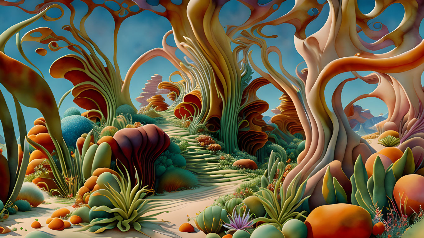 Colorful whimsical forest landscape with organic shapes