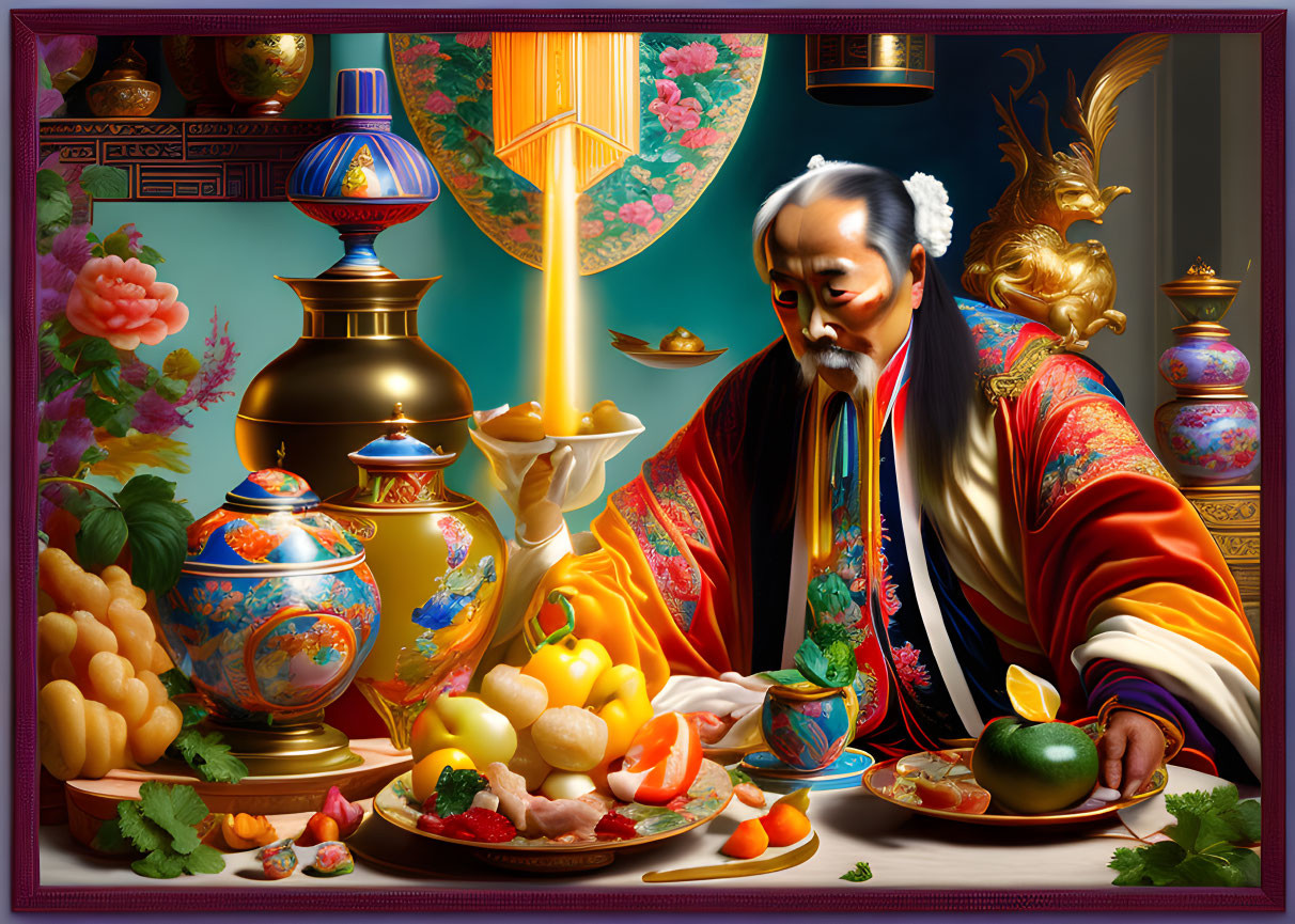 Colorful illustration: Elder Asian man in traditional robes with fruits and porcelain.