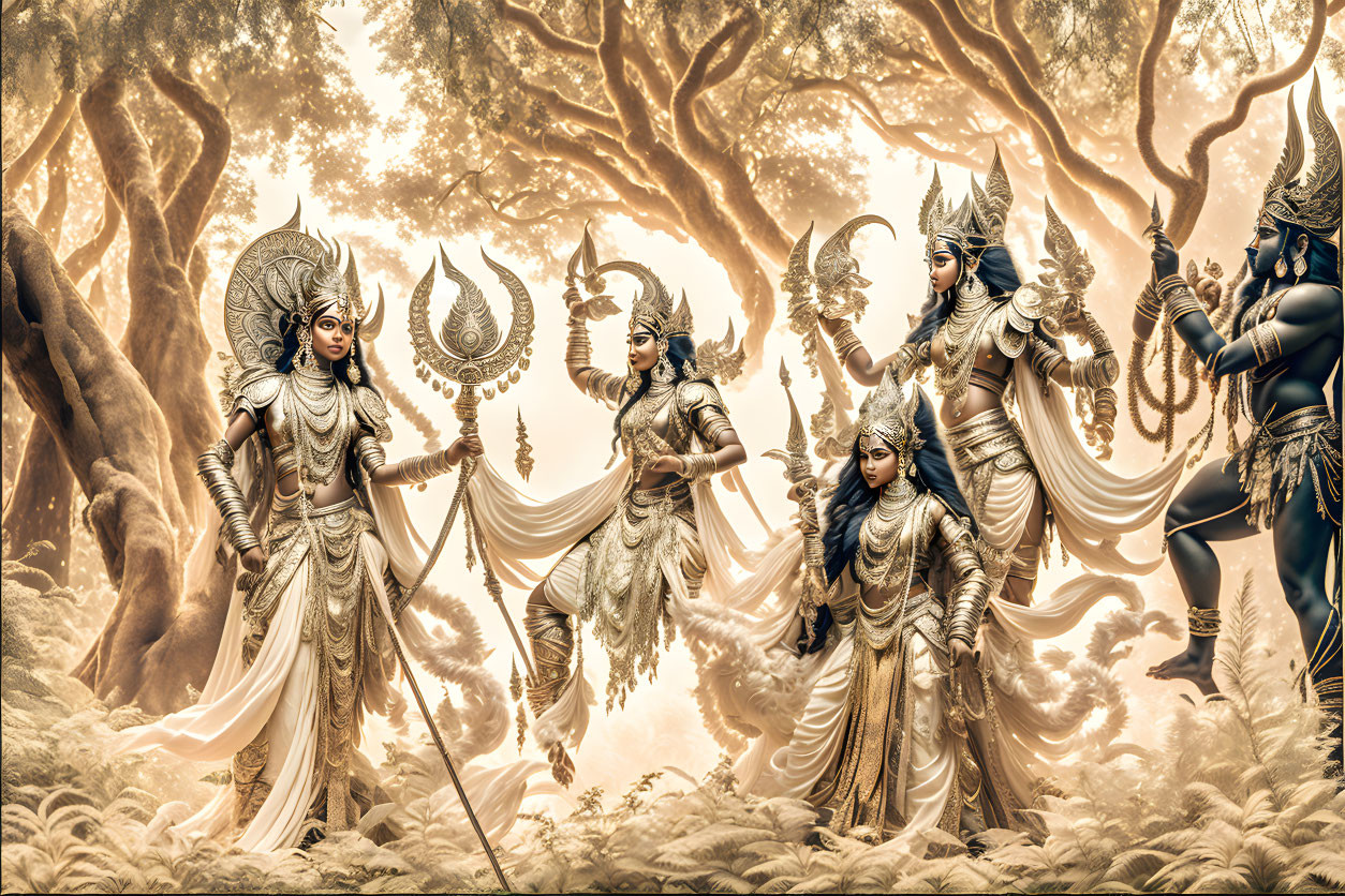 Hindu deities in forest setting with elaborate costumes and weapons