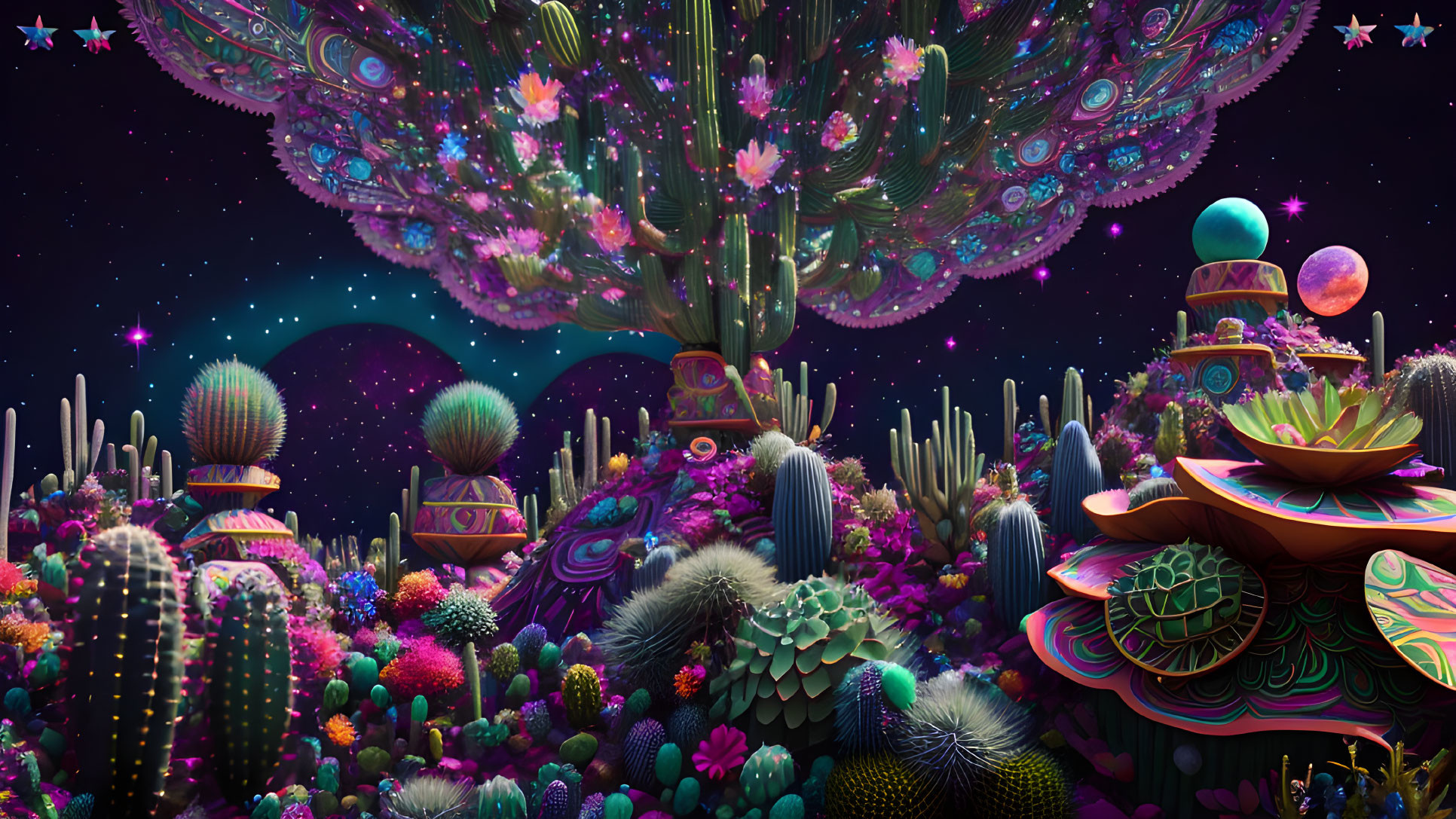 Colorful Digital Art: Fantastical Landscape with Stylized Cacti & Succulents