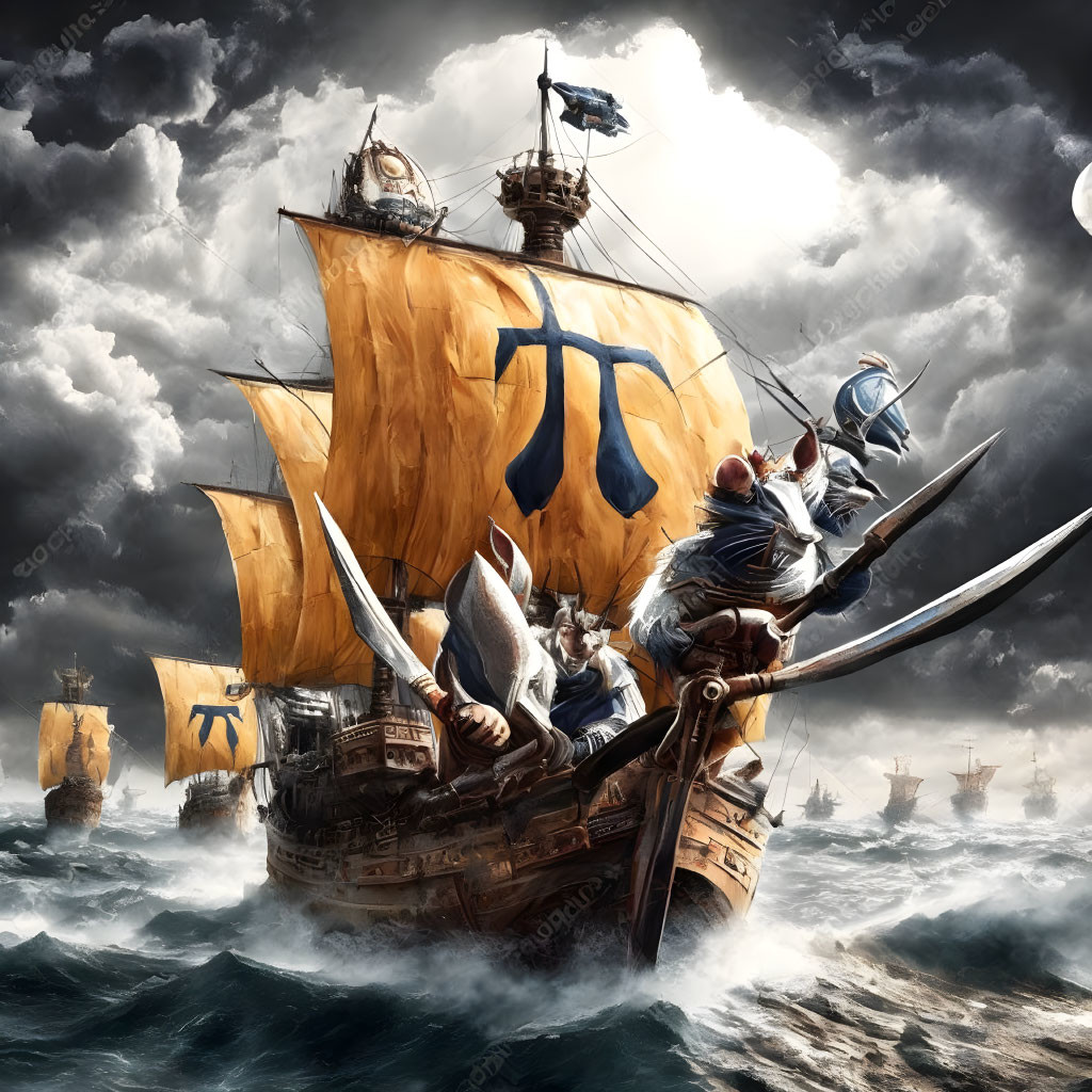 Ancient ship with full sails in stormy sea with warriors and more ships