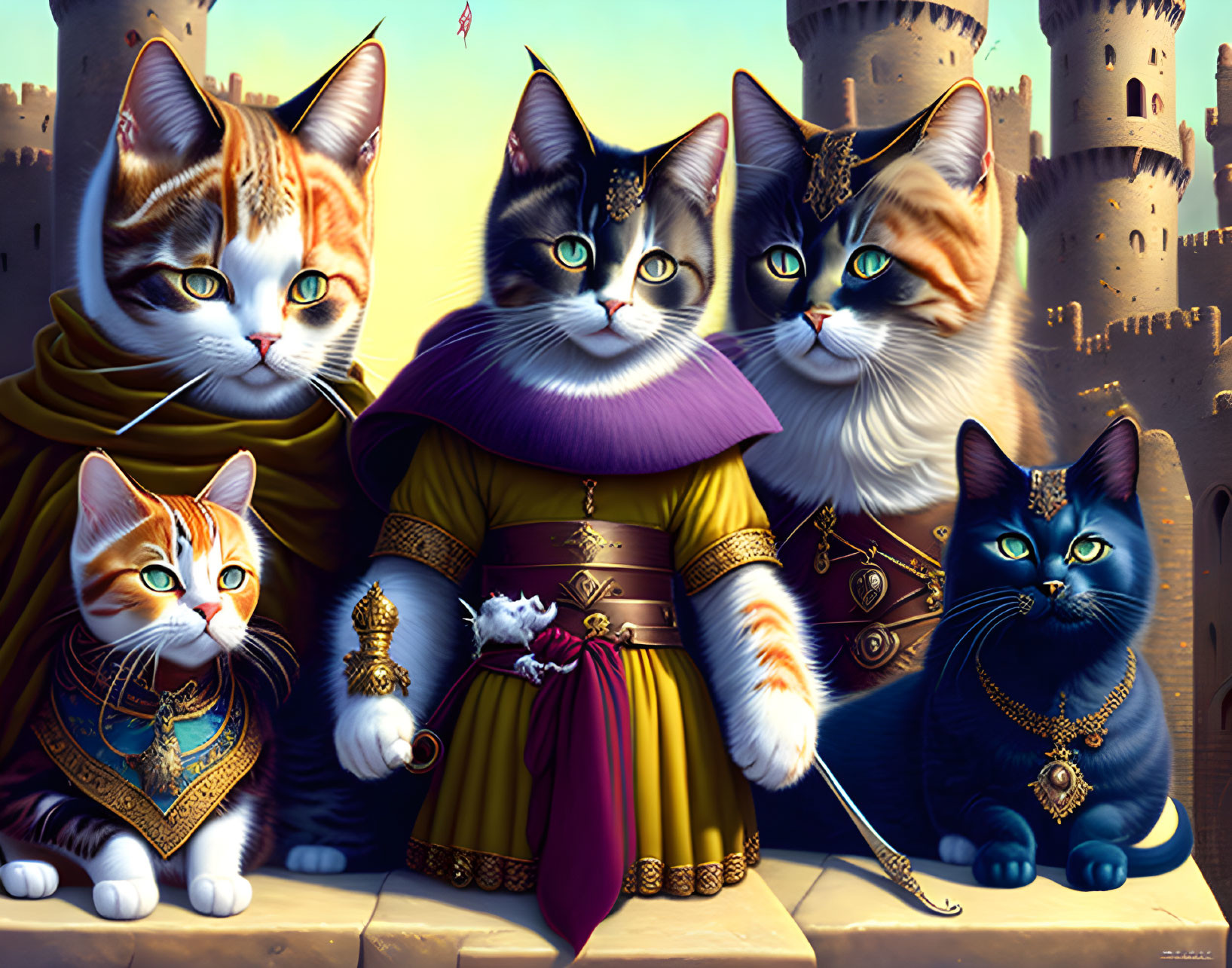 Five stylized cats in medieval attire before castle walls, one holding the smallest.