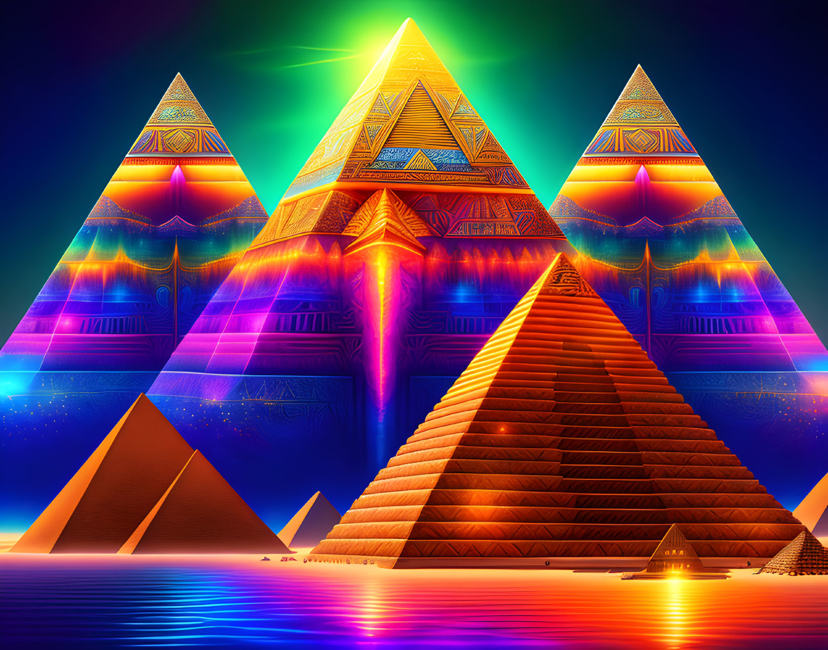 Neon-lit pyramids in surreal futuristic setting