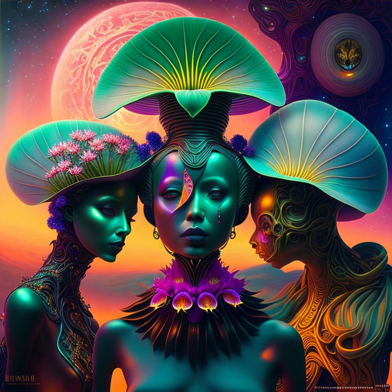 Stylized female figures with vibrant colors and celestial background