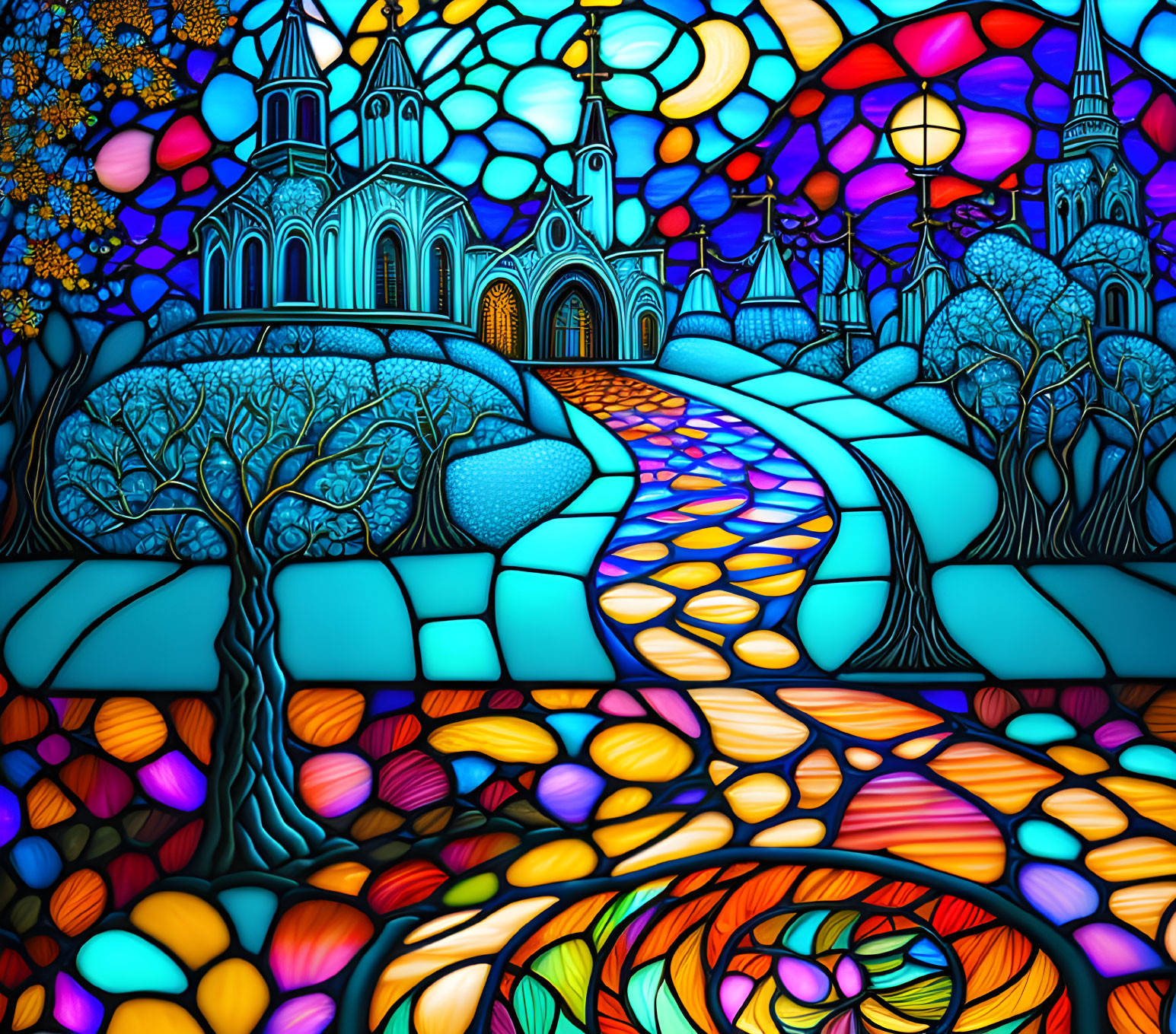 Colorful stained glass style whimsical landscape with trees, path, and buildings.