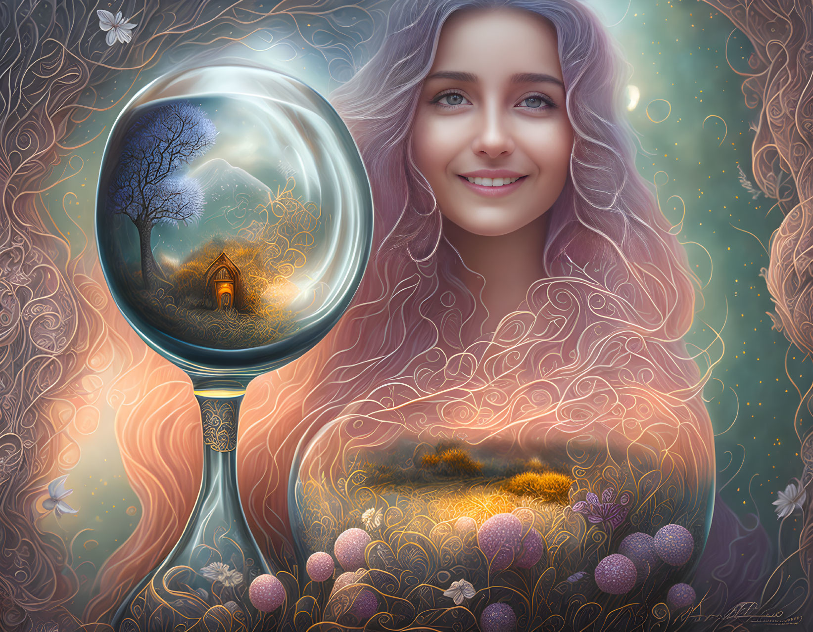 Smiling woman with magnifying glass unveils magical scene