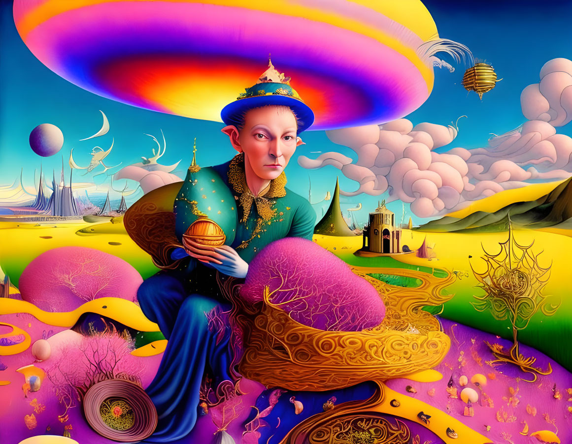 Colorful surreal portrait with figure holding sphere in fantastical landscape