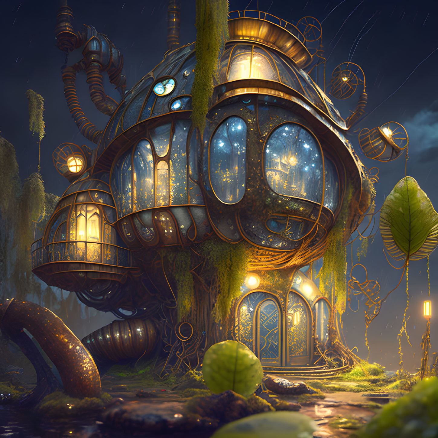 Whimsical illuminated treehouse in mystical forest with steampunk elements