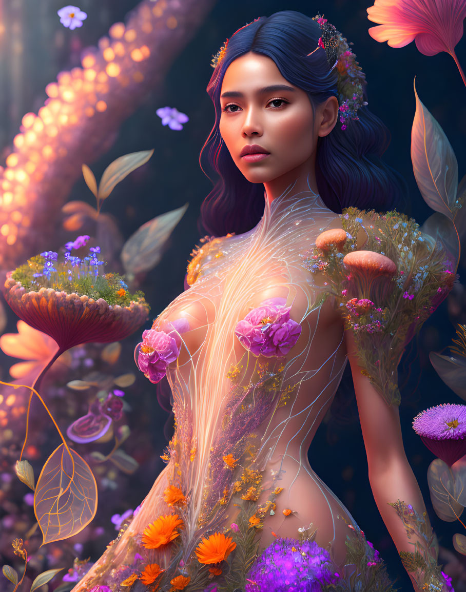 Digital artwork: Woman with flowers and mushrooms in ethereal backdrop