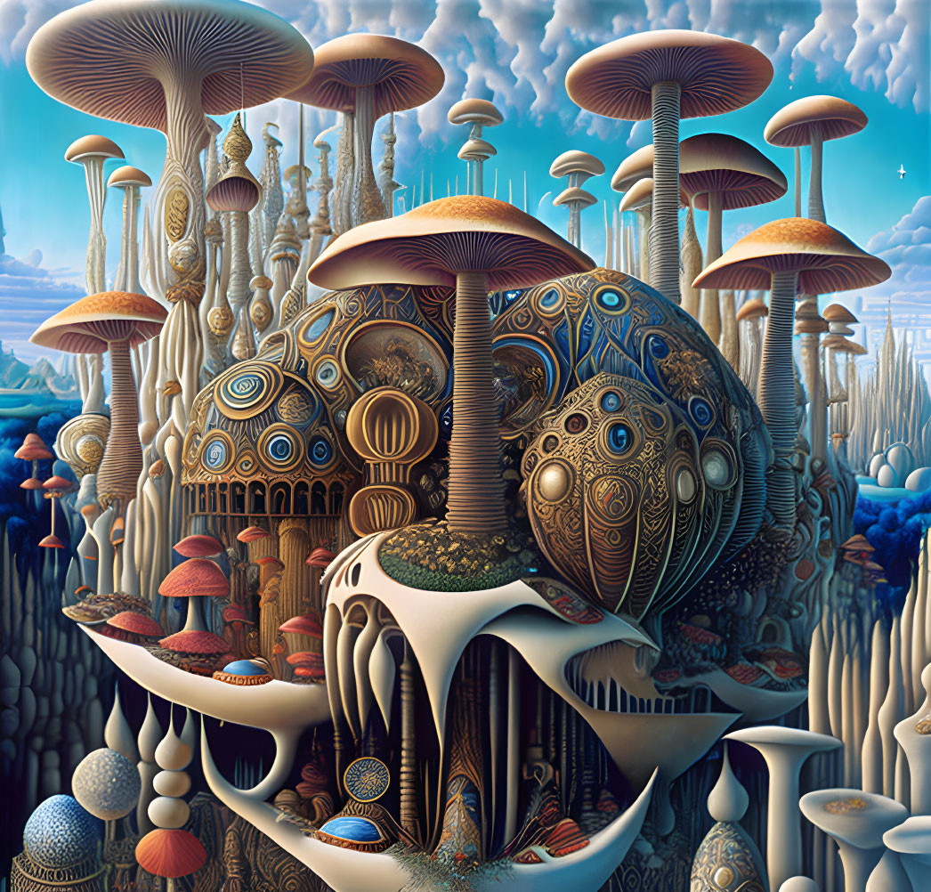 Intricate surreal mushroom-like structures in a unique landscape